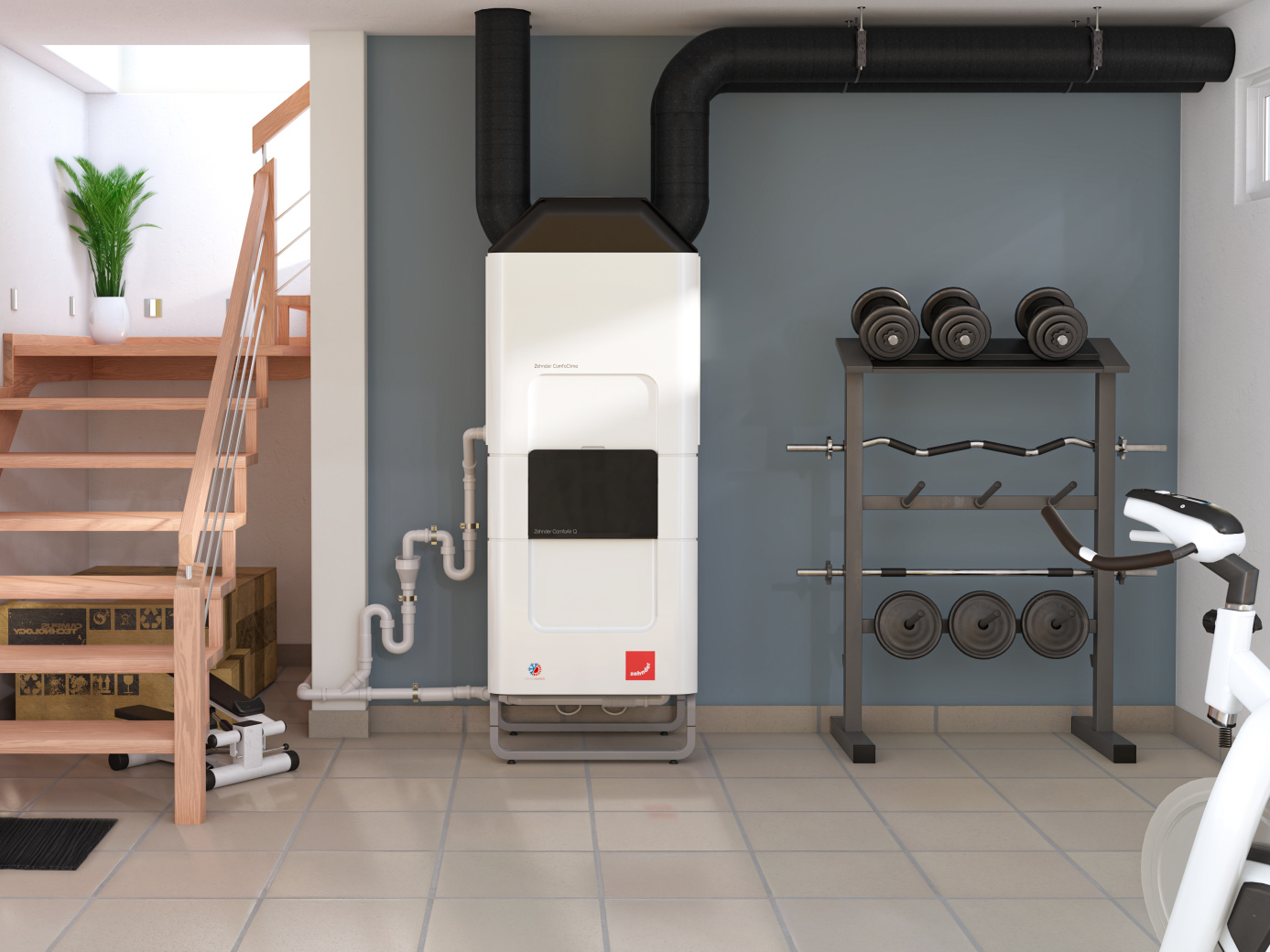 Větrací jednotka Zehnder ComfoAir Q s klimatickým modulem ComfoClime Nainstalovaný Zehnder ComfoClime, v kombinaci s jednotkou ComfoAir Q,