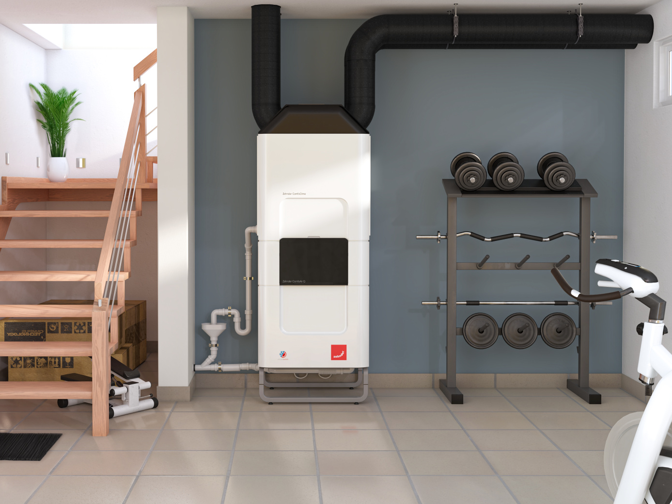 Větrací jednotka Zehnder ComfoAir Q s klimatickým modulem ComfoClime Nainstalovaný Zehnder ComfoClime, v kombinaci s jednotkou ComfoAir Q,