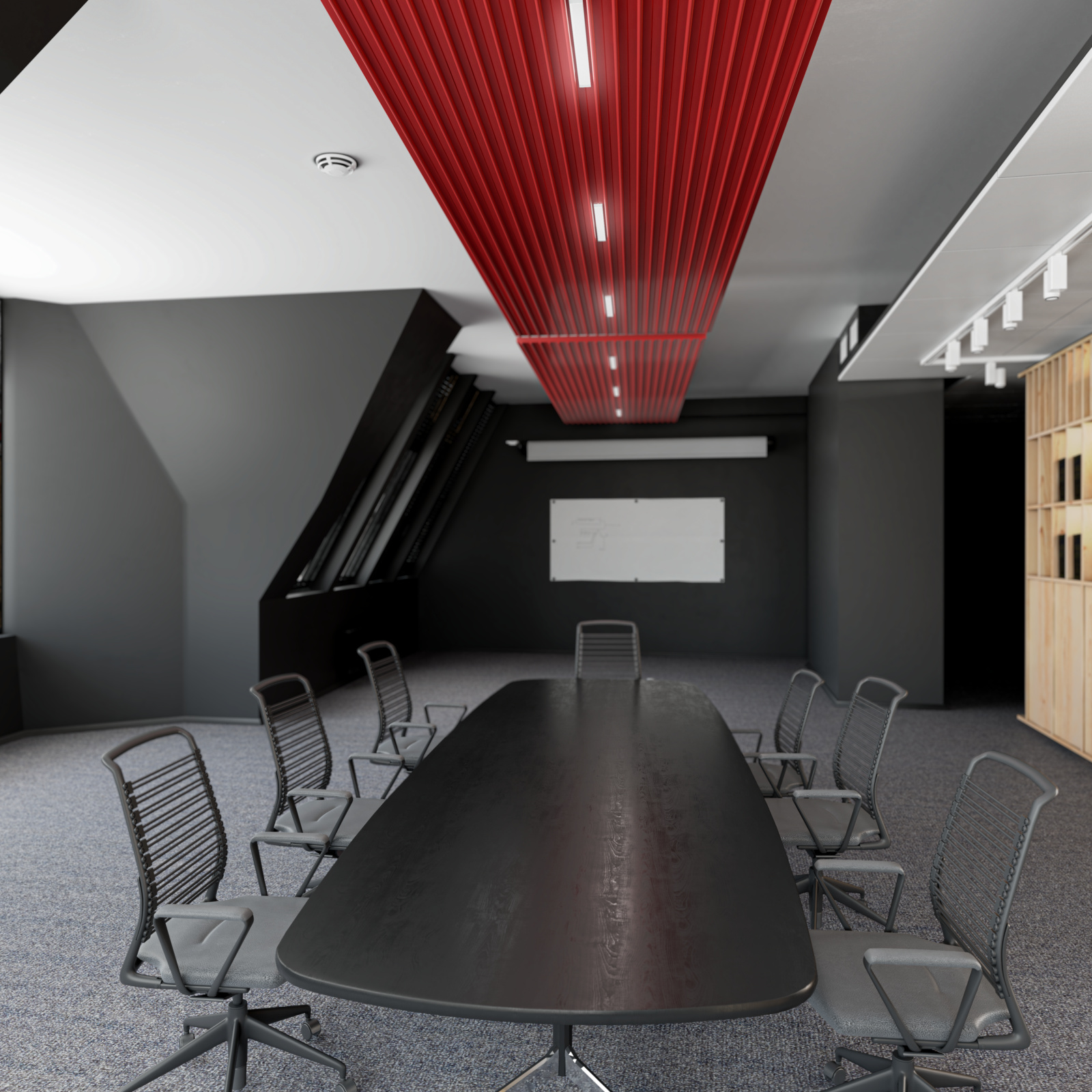 Stropní panel Zehnder ZFP Urban s integrovaným osvětlením, v barvě Ruby Red.