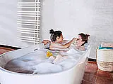 woman with daughter, bathroom,bathtube, retouching, Yucca