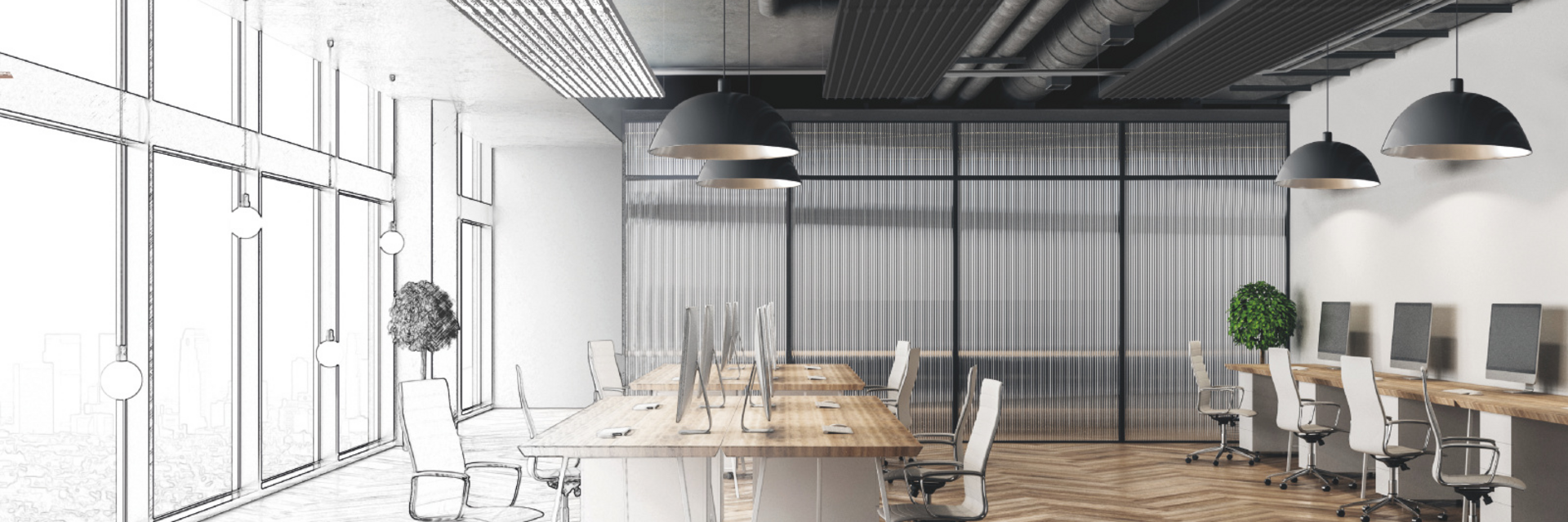 Modern hand drawn meeting room office interior with city view and daylight. Architecture and engineering concept. 3D Rendering