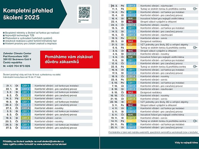 Zúčastněte se nových školení a akcí Zehnder v roce 2025