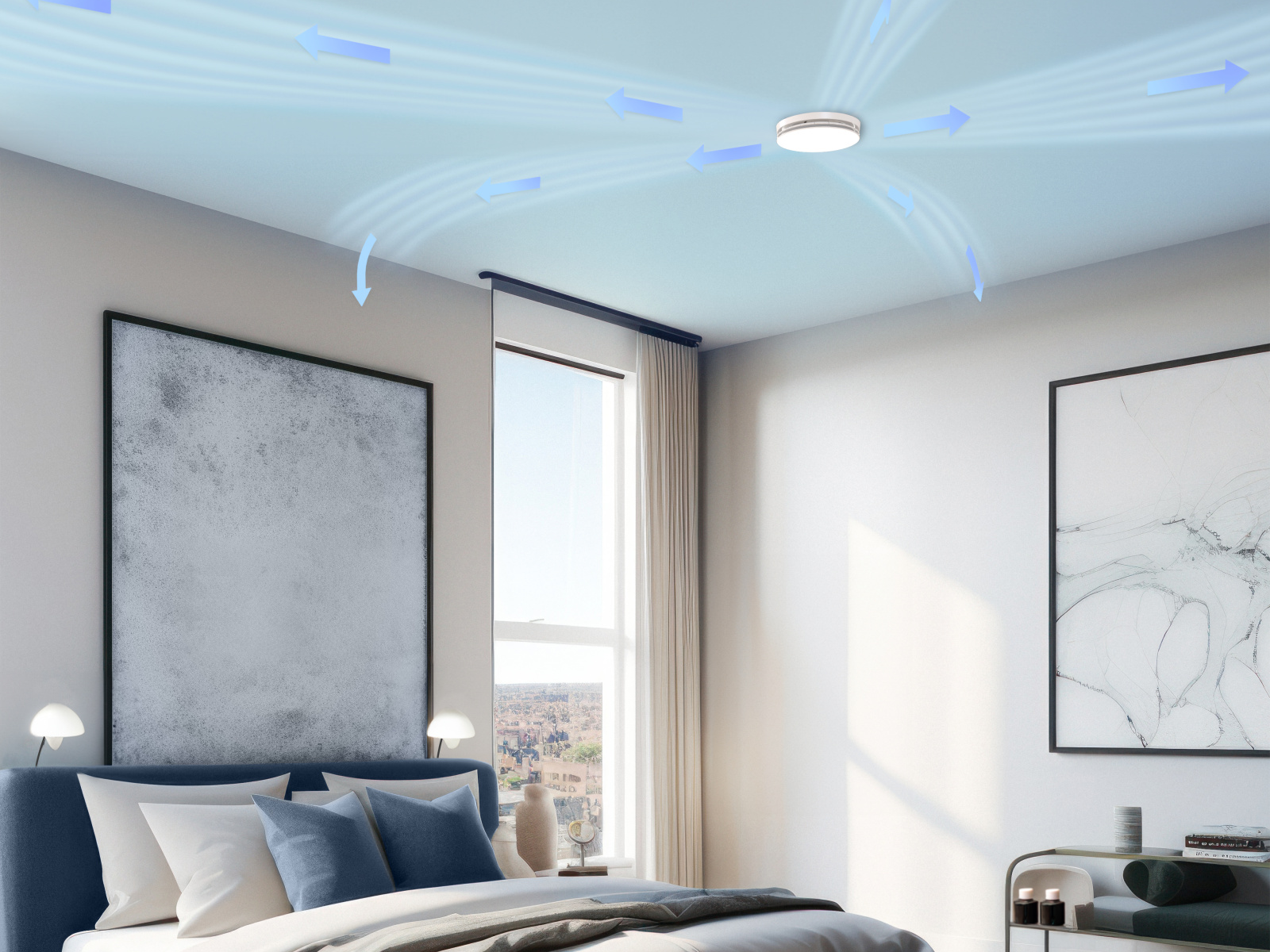 Zehnder_CSY_ComfoValveLuna_Milieu_CoandaEffect Bedroom with Comfo Valve Luna, Coande Effect on the ceiling, air flow visualised, light and blue pastel colours, base image AdobeStock_597522146,