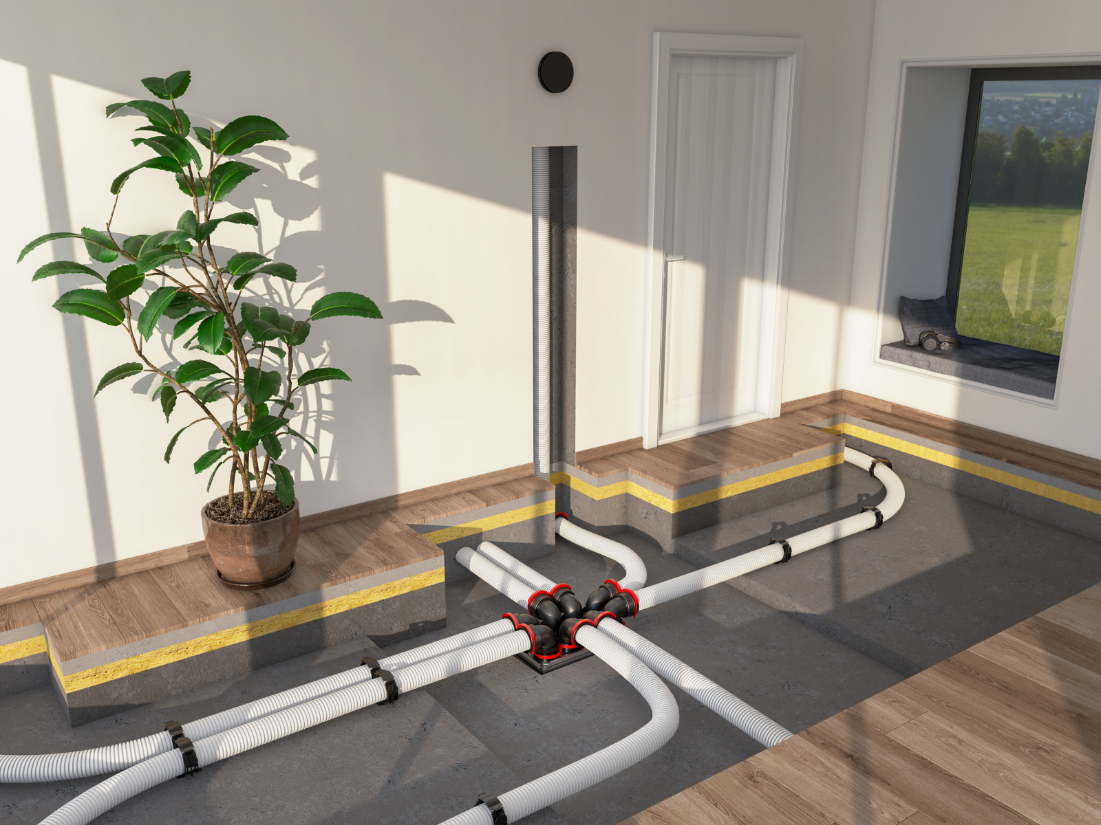 Milieu, living room, open floor, instalation, system, air distribution, parts with rapd lock,