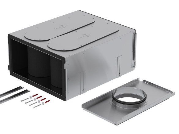 Rendering Zehnder ComfoWell Therm attenuator kit Comfortable indoor ventilation Angled view