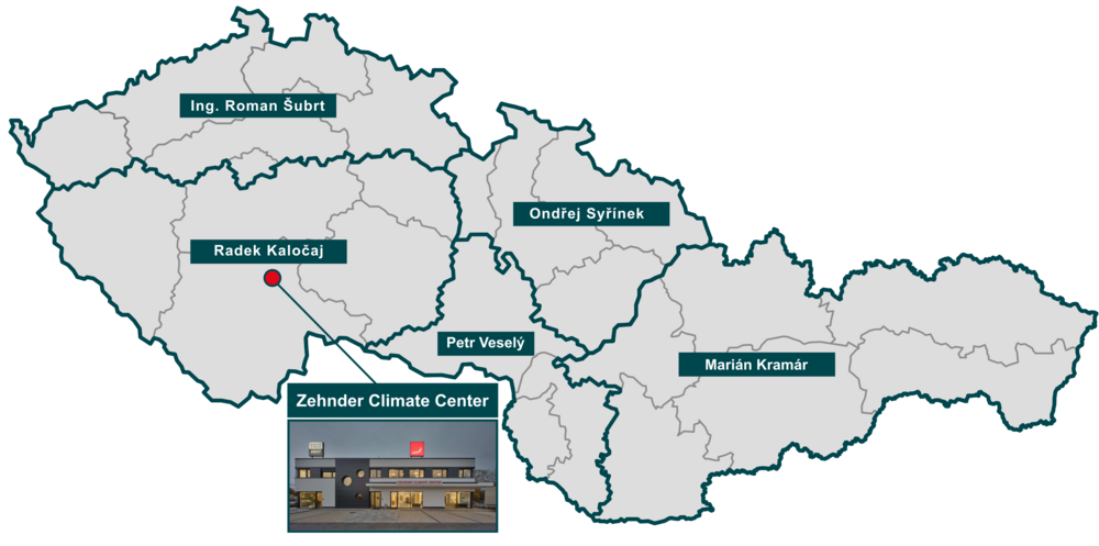 Obchodně technická podpora pro Komfortní větrání - rozdělení oblastí ČR a SR Obchodní a technická podpora v regionech pro segment Větrání s rekuperací tepla