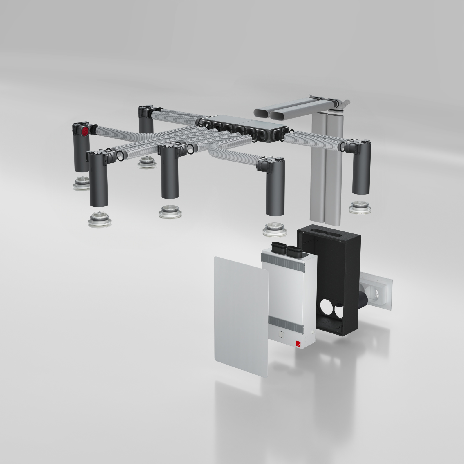 Comfo Air Fit 100, exploded view, system view, air distribution, comfo Valve Luna, Inwall instalation, with mounting box, Design Cover