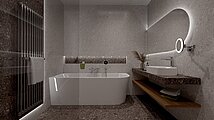 Návrh koupelny s designovým radiátorem Zehnder Charleston Bar