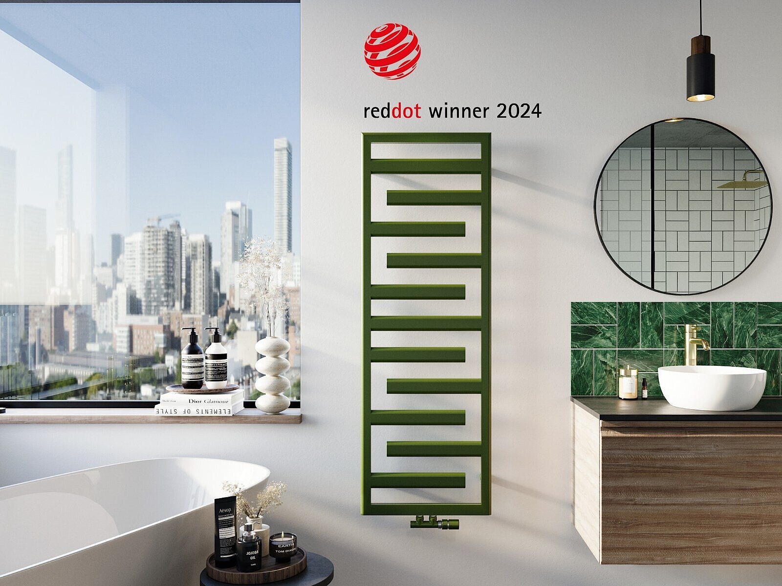 Inovativní koupelnový radiátor Zehnder Tetris - barva Olive Green