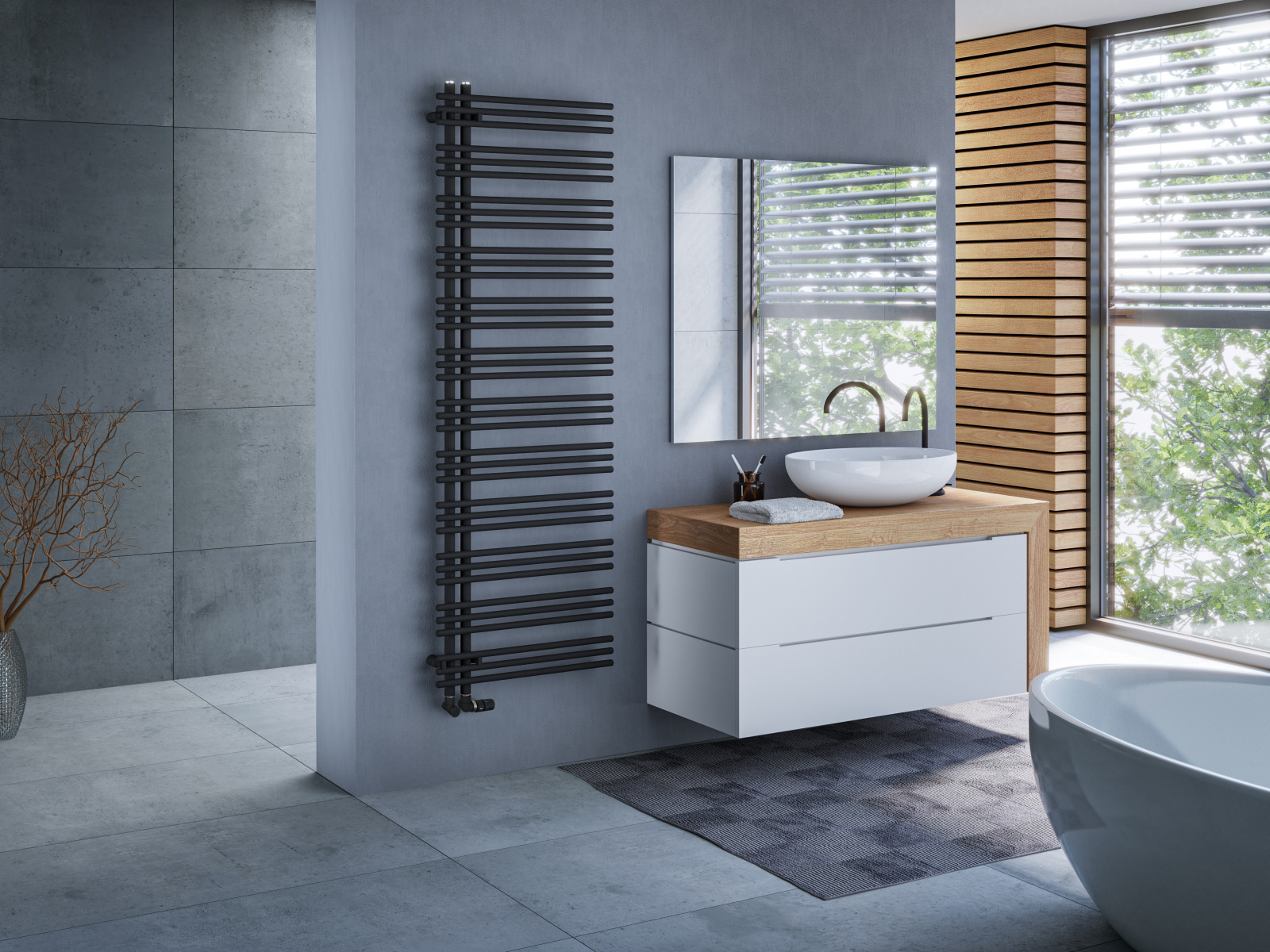 Rendering Zehnder Yucca Asym Decorative radiator Angled view