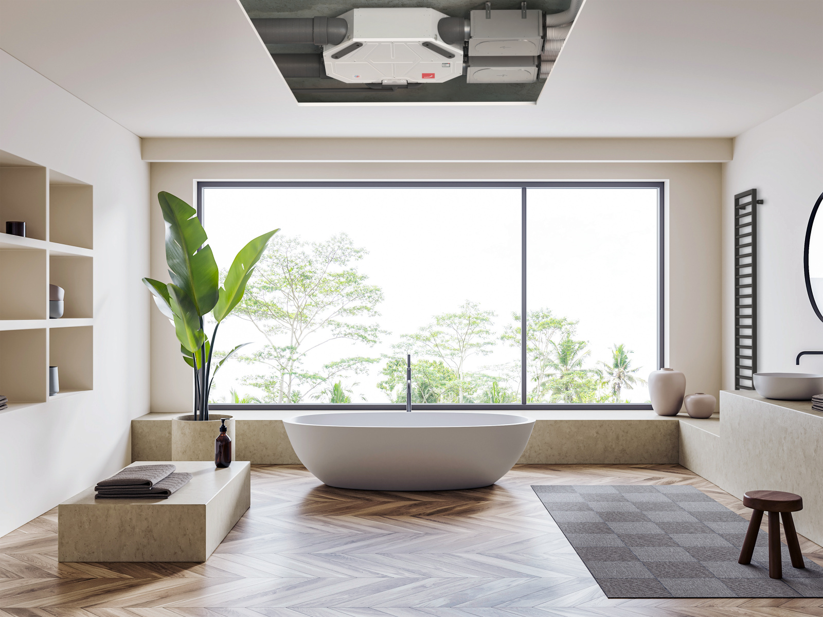 Instalace větrací jednotky Zehnder ComfoAir Flex v koupelně. Designový radiátor Zehnder Subway.