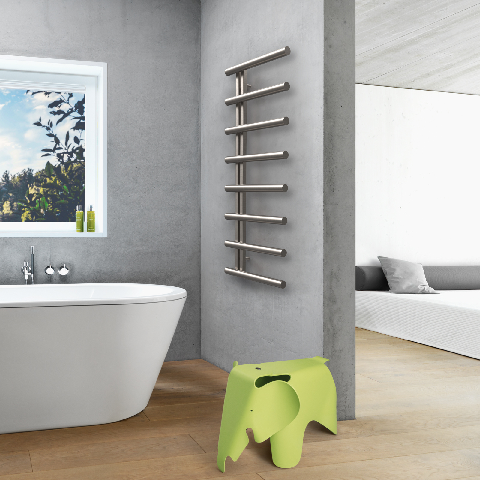 Chime, Studio Collection, new finishes, N211, straight PVD, brushed black chrome, Milieu, bathroom
