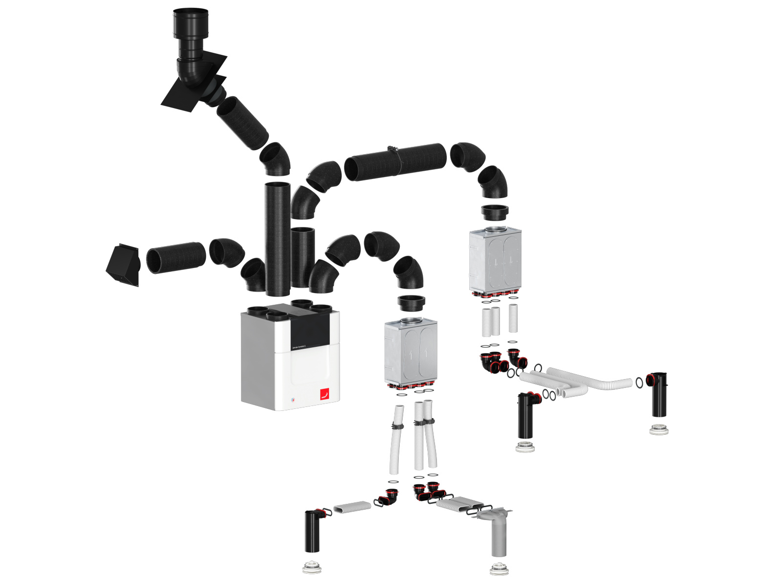 Příklad rozvodu vzduchu s komfortní větrací jednotkou Zehnder ComfoAir Q Příklad distribuce vzduchu s větrací jednotkou Zehnder ComfoAir Q, za využití kulatého i plochého potrubí.