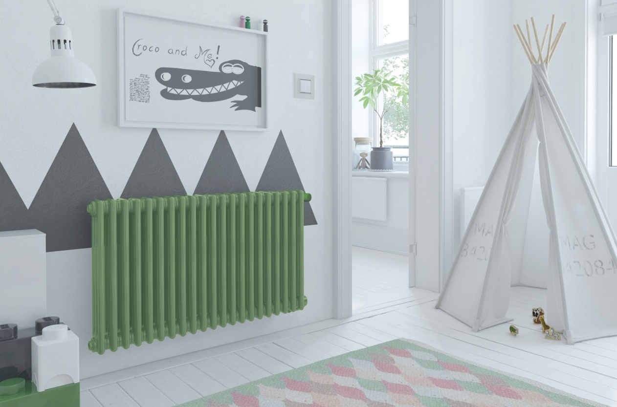 Zehnder Charleston - Reseda Green Rendering Zehnder Charleston Decorative radiator Angled view