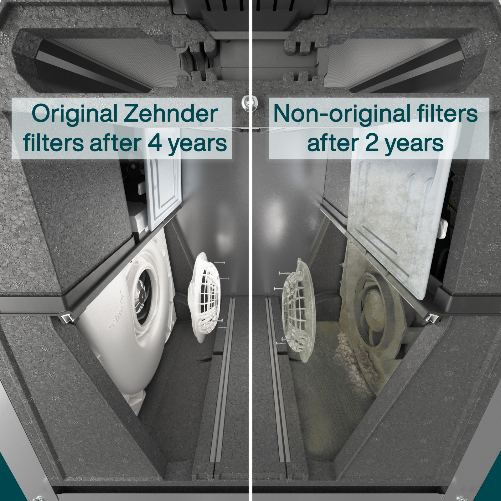 Zehnder_CSY_Filter_02LessMaintenance Less Maintenance, Zehnder original filters, clean Comfo Air Q, dirty, dust, cleaning, used, fake filter, non-original,
