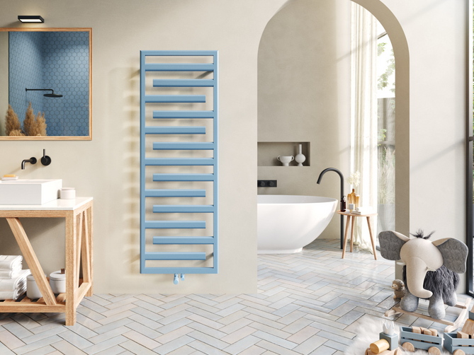 Teplovodní designový radiátor Zehnder Tetris v barvě PastelBlue