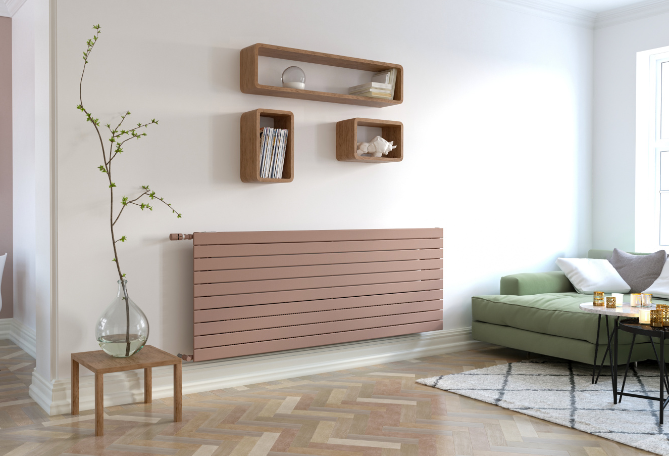Zehnder Nova Neo v barevném odstínu terracotta Zehnder, Nova Neo, Living room, classic building, wooden floor, fishbone flooring, 3d rendering, VNX2 074-200 (fig 1270),