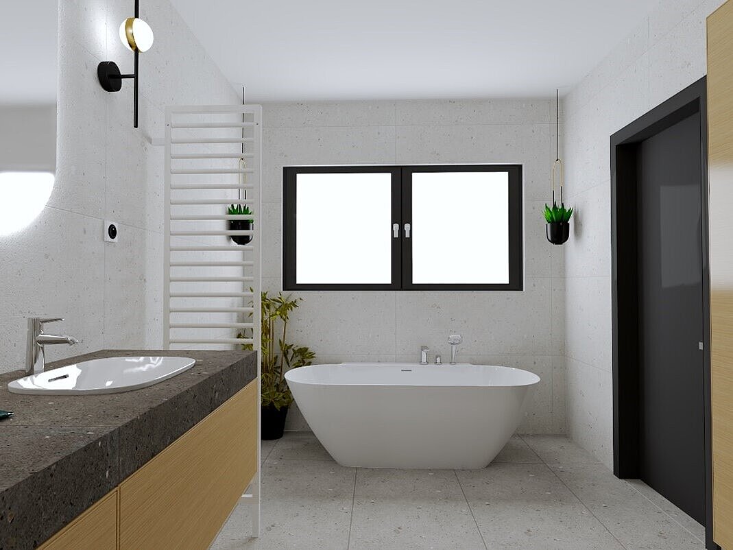 Návrh koupelny s designovým radiátorem Zehnder Subway