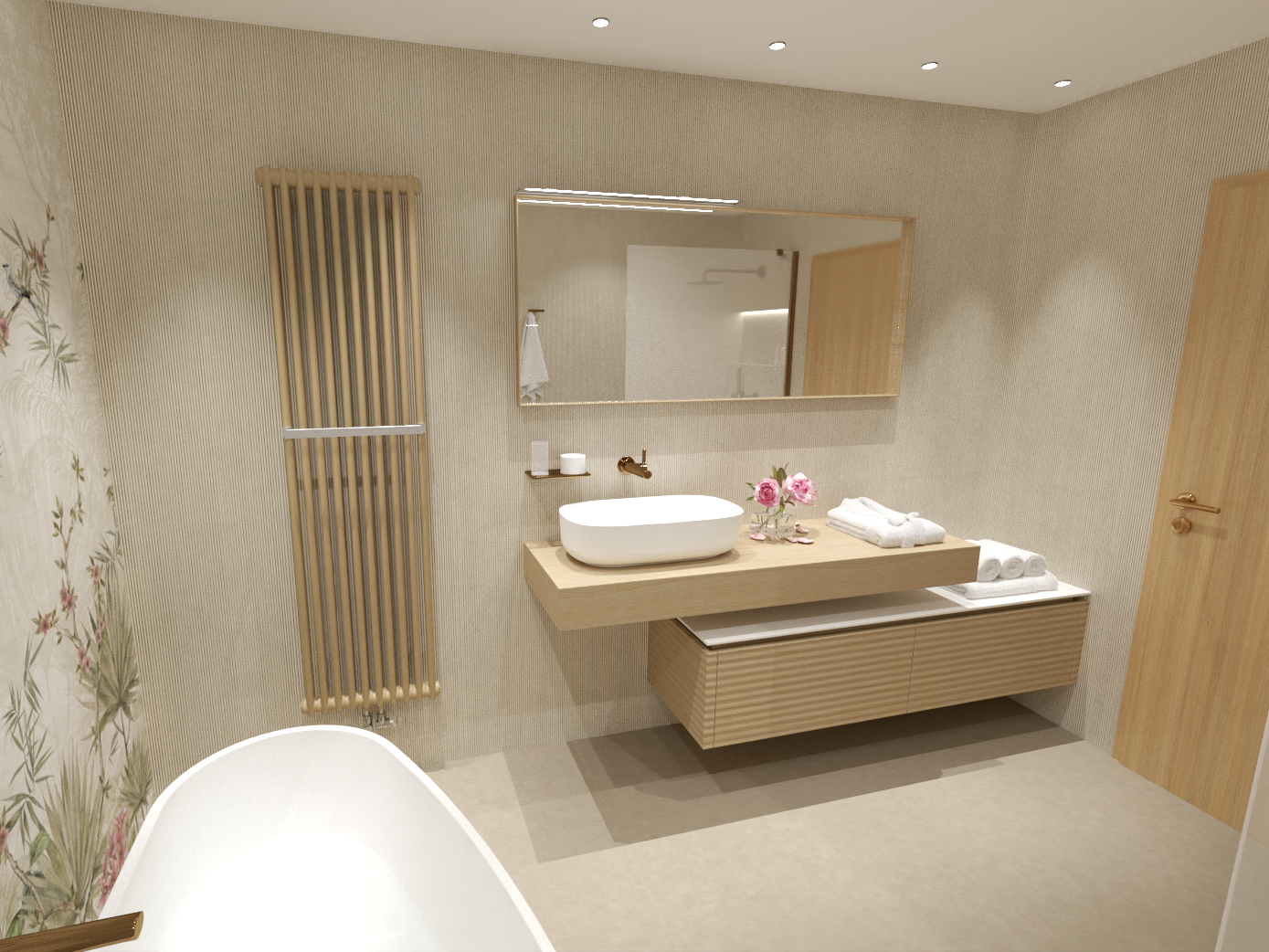 Návrh koupelny s designovým radiátorem Zehnder Charleston Bar