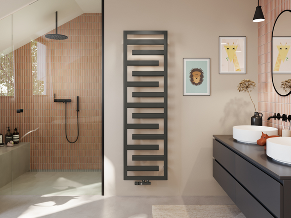 Koupelnový radiátor Zehnder Tetris v barvě Umbra Grey.