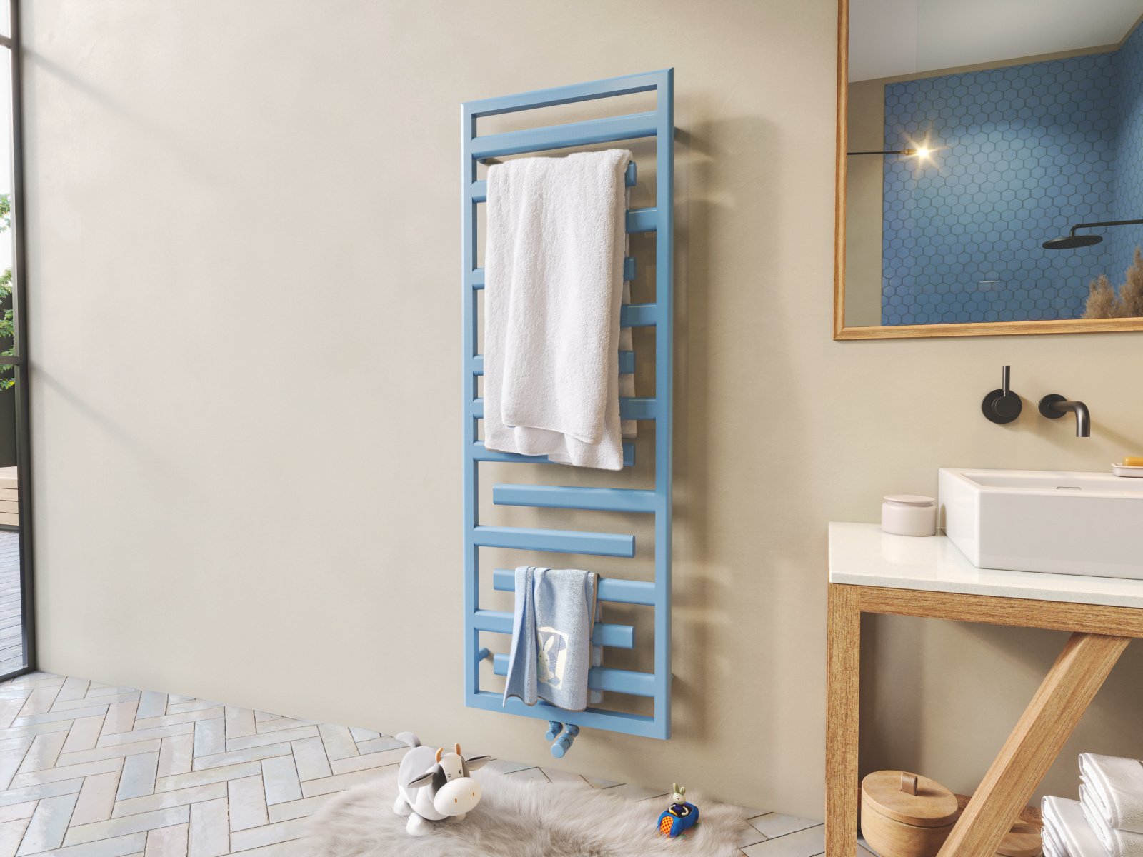 Topný žebřík Zehnder Tetris náramně pasuje do designových koupelen.