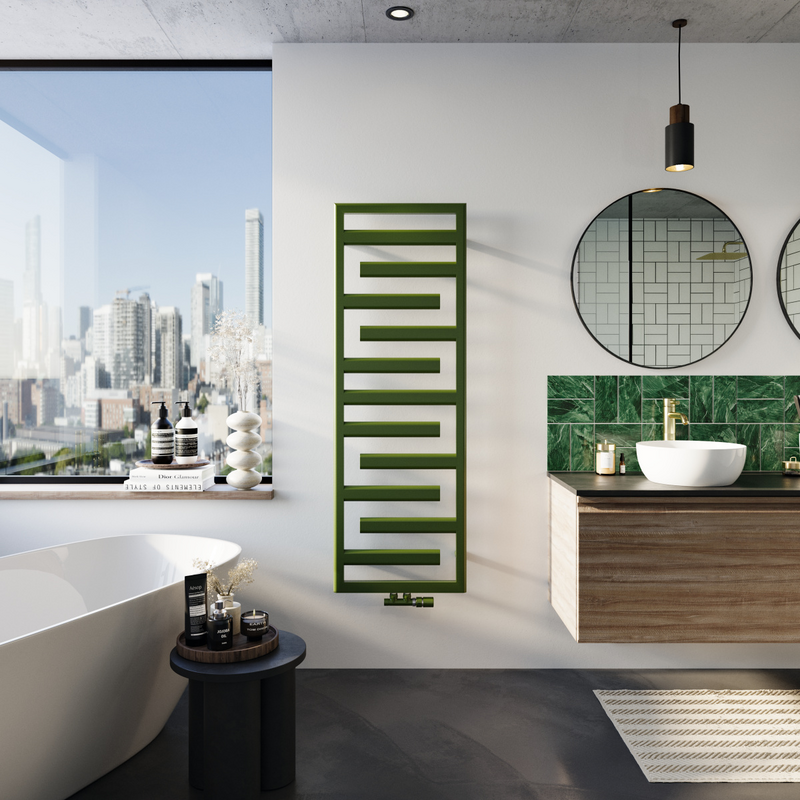 Designový koupelnový radiátor Zehnder Tetris v barvě Olive Green