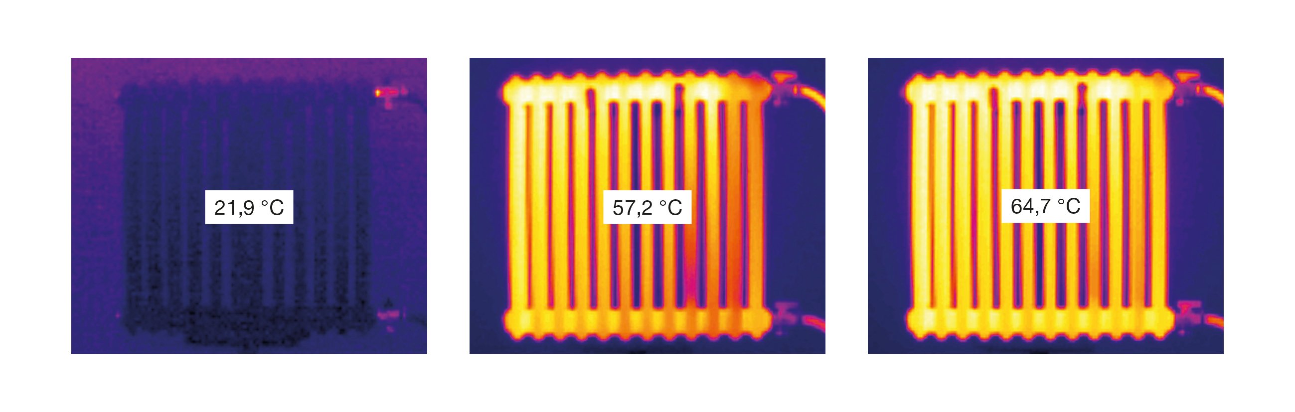 Zobrazení náběhu teplot Zehnder Charleston pomocí termosnímků Radiátory Zehnder Charleston se vyznačují rychlým náběhem na požadovanou teplotu.